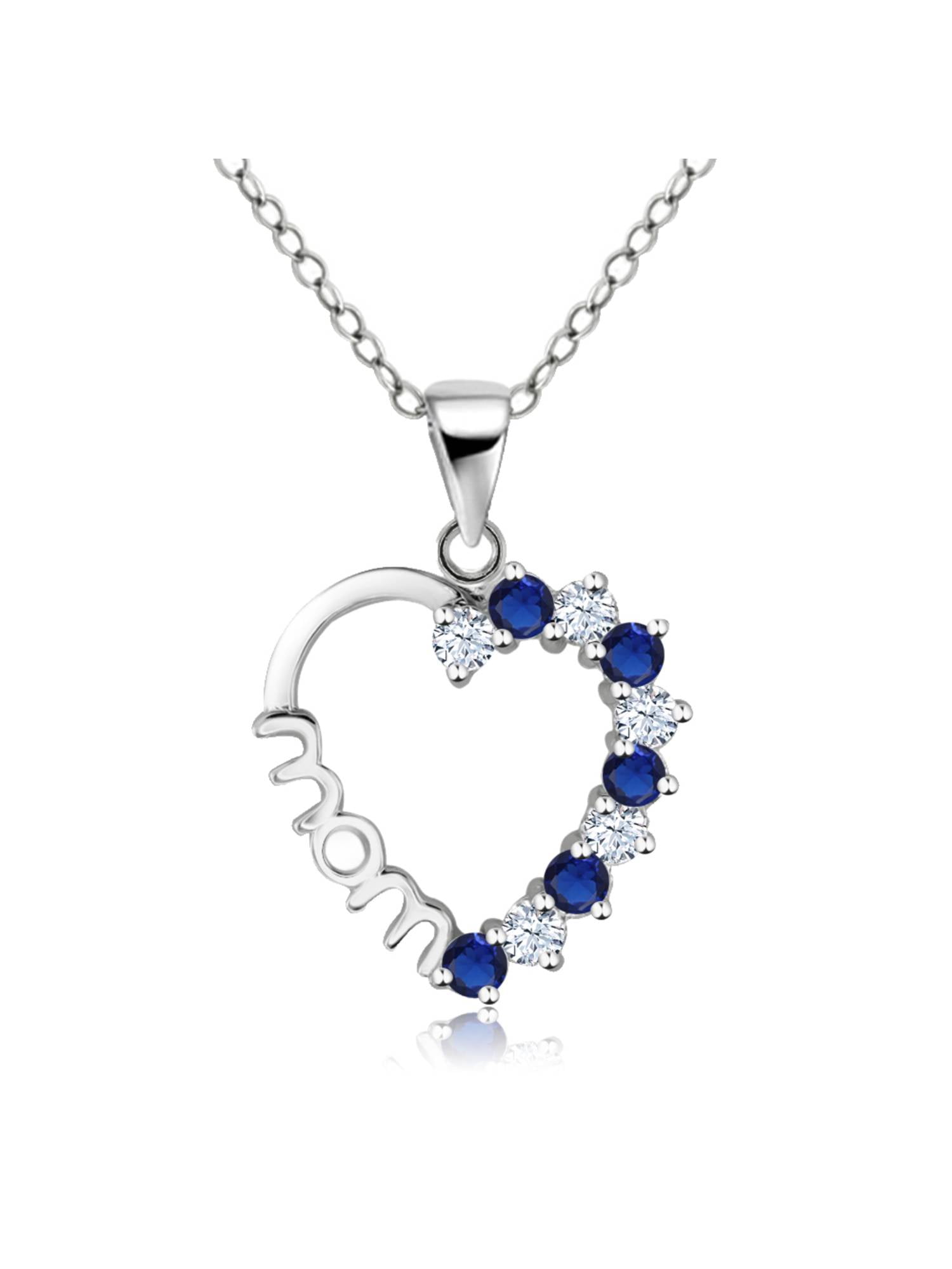 Gem Stone King 925 Sterling Silver Created White and Blue Sapphire Heart MOM Pendant Necklace with 18 inch Silver Chain