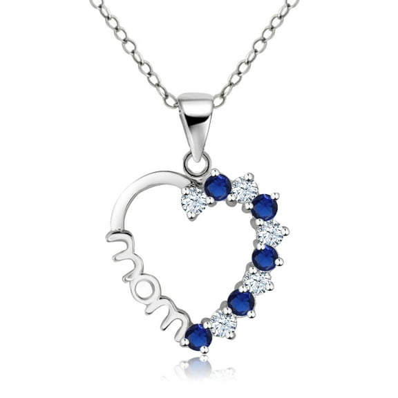 Gem Stone King 925 Sterling Silver Created White and Blue Sapphire Heart MOM Pendant Necklace with 18 inch Silver Chain