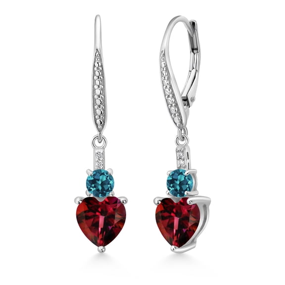 Gem Stone King 925 Sterling Silver Crimson Red Mystic Topaz London Blue Topaz and White Lab Grown Diamond Drop Dangle Earrings for Women (3.29 Cttw, Heart Shape 7MM, Round 4MM)