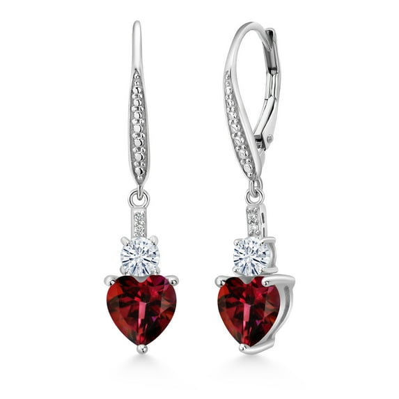 Gem Stone King 925 Sterling Silver Crimson Red Mystic Topaz White Moissanite and White Lab Grown Diamond Drop Dangle Earrings for Women (3.09 Cttw, Heart Shape 7MM, Round 4MM)