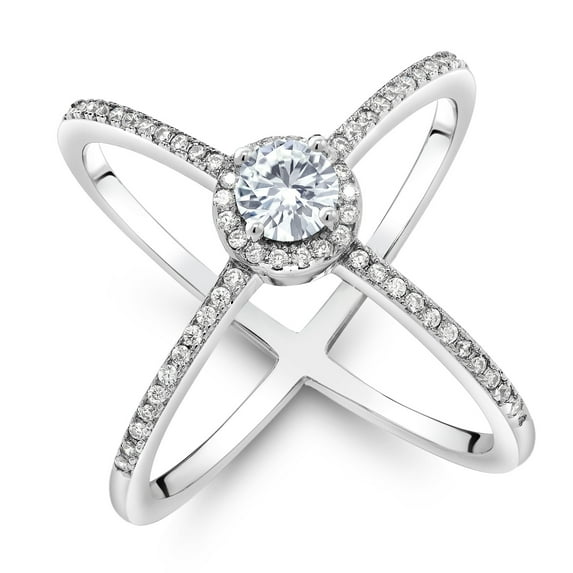 Gem Stone King 925 Sterling Silver Criss Cross X Ring Set with Moissanite (1.32 Cttw) (Size 5)