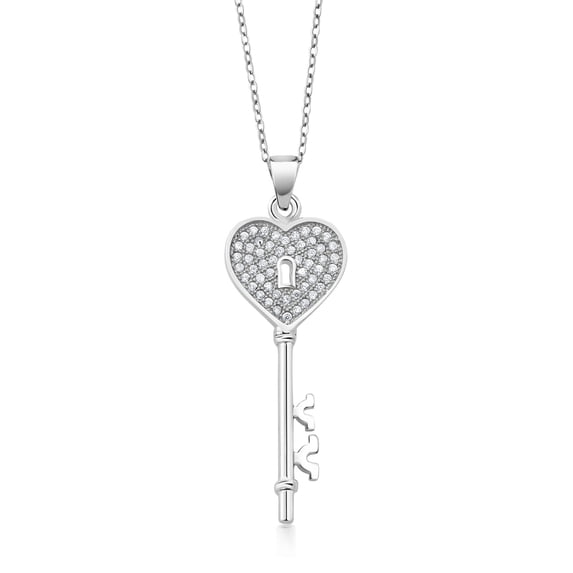 Gem Stone King 925 Sterling Silver Cubic Zirconia CZ Heart Shape Key Pendant Necklace for Women (1.50 inch, with 18 inch Silver Chain)