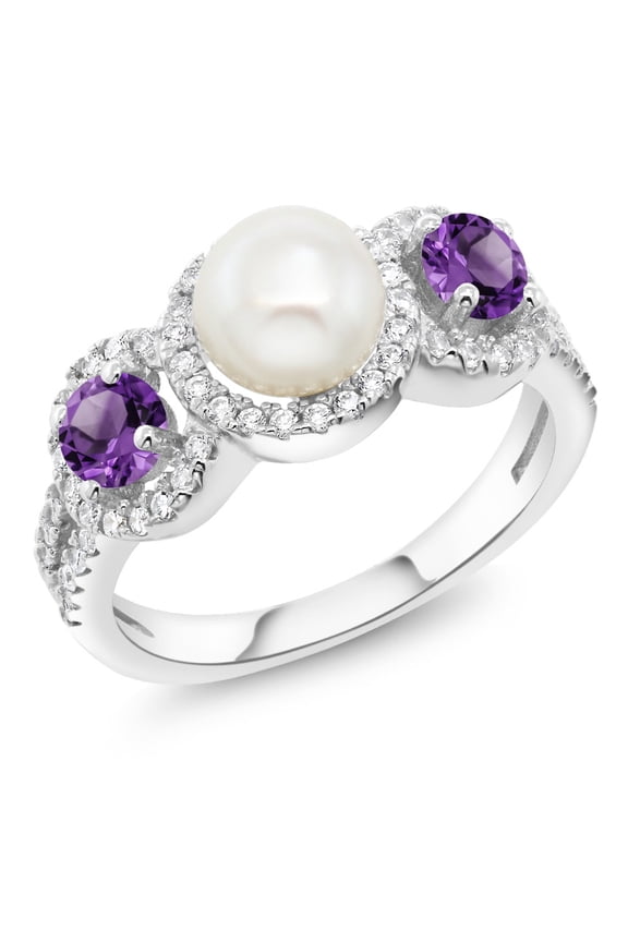 925 Sterling Silver Cultured Freshwater Pearl Purple Amethyst Women Engagement Ring (1.30 Ct Round, Size 8)
