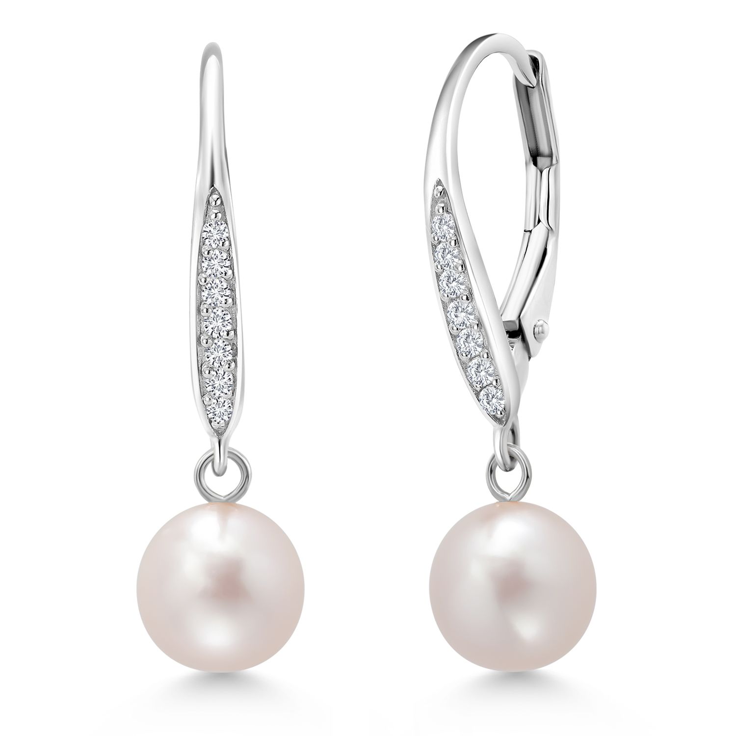 Gem Stone King Cultured Freshwater Pearl and Lab Grown Diamond Dangle Earrings for Women | 925 Sterling Silver | 1 inch | Pearl Size 6MM | Fine Jewelry Gifts for Women Mom Wife Her