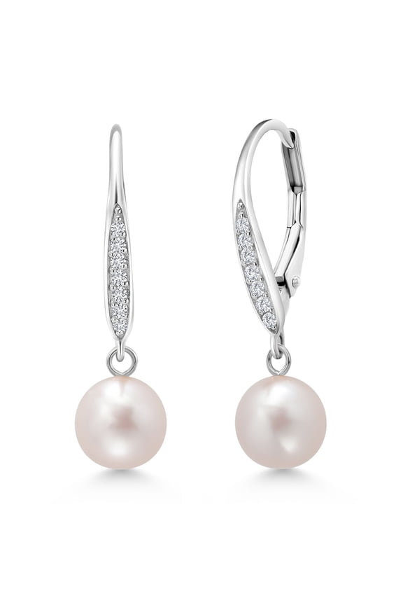 Cultured Freshwater Pearl and Lab Grown Diamond Dangle Earrings for Women | 925 Sterling Silver | 1 inch | Pearl Size 6MM | Fine Jewelry Gifts for Her Mom Women Wife