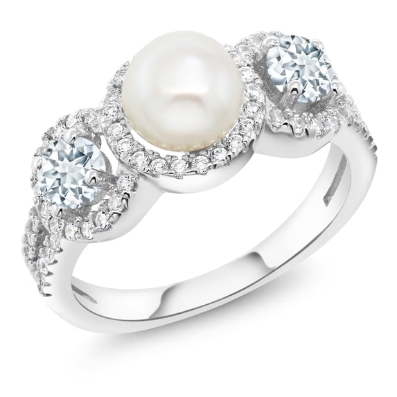 Gem Stone King 925 Sterling Silver Cultured Freshwater Pearl and Sky Aquamarine Engagement Ring for Women (1.24 Cttw, Available 5,6,7,8,9)