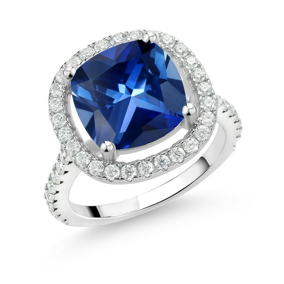 Gem Stone King 925 Sterling Silver Cushion Blue Created Sapphire and White Moissanite Women Ring (6.01 Cttw, Available in Size 5, 6, 7, 8, 9)