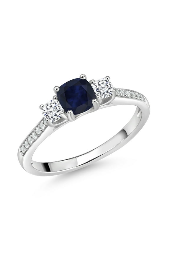 925 Sterling Silver Cushion Blue Sapphire and White Moissanite 3 Stone Engagement Ring for Women (1.03 Cttw, Gemstone September Birthstone, Available in Size 5, 6, 7, 8, 9)
