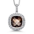 thumbnail image 1 of Gem Stone King 925 Sterling Silver Cushion/Checkerboard Brown Smoky Quartz and White Moissanite Pendant Necklace for Women (6.76 Cttw, with 18 inch Chain), 1 of 6
