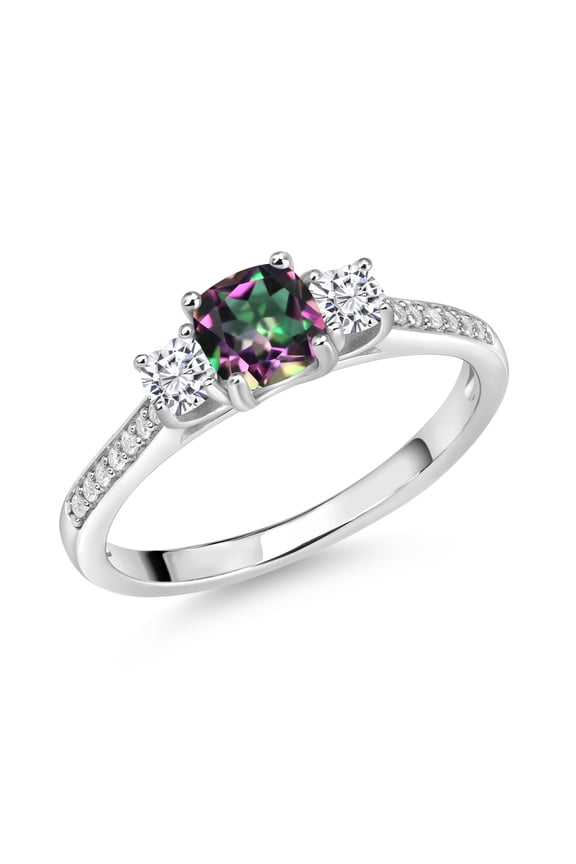 925 Sterling Silver Cushion Green Mystic Topaz and White Moissanite 3 Stone Engagement Ring for Women (1.33 Cttw, Gemstone Birthstone, Available in Size 5, 6, 7, 8, 9)