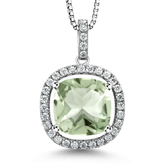 Gem Stone King 925 Sterling Silver Cushion Green Prasiolite and White Moissanite Pendant Necklace for Women (7.16 Cttw, with 18 inch Silver Chain)