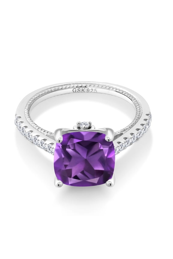 3.27 Cttw Cushion Purple Amethyst and White Created Sapphire Engagement Ring for Women | 925 Sterling Silver | Wedding Engagement Anniversary Promise Ring for Women | Size 6