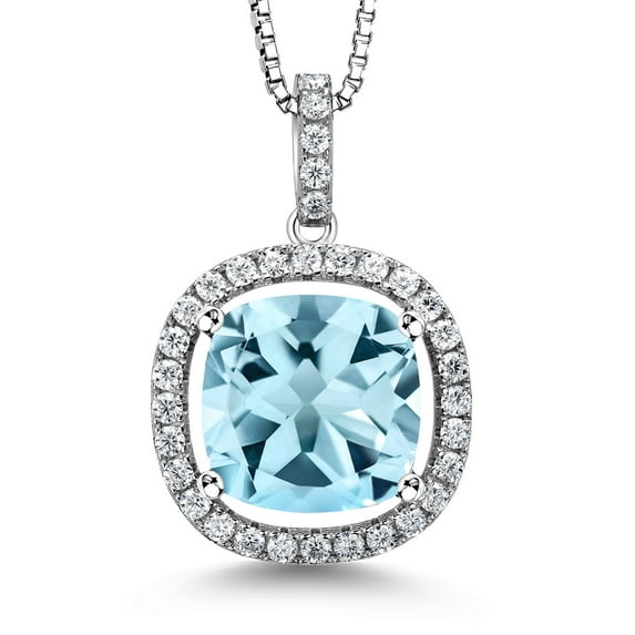 Gem Stone King 925 Sterling Silver Cushion Sky Blue Topaz and White Moissanite Pendant Necklace for Women (9.51 Cttw, Gemstone Birthstone, with 18 inch Silver Chain)
