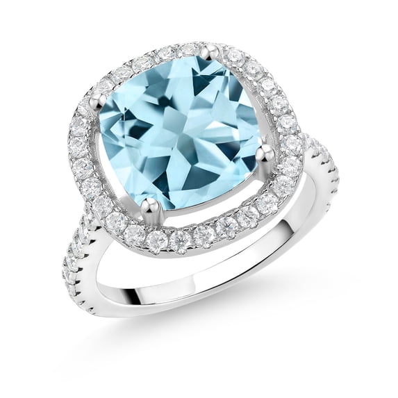 Gem Stone King 925 Sterling Silver Cushion Sky Blue Topaz and White Moissanite Women Engagement Ring (4.94 Cttw, Gemstone Birthstone, Available in Size 5, 6, 7, 8, 9)