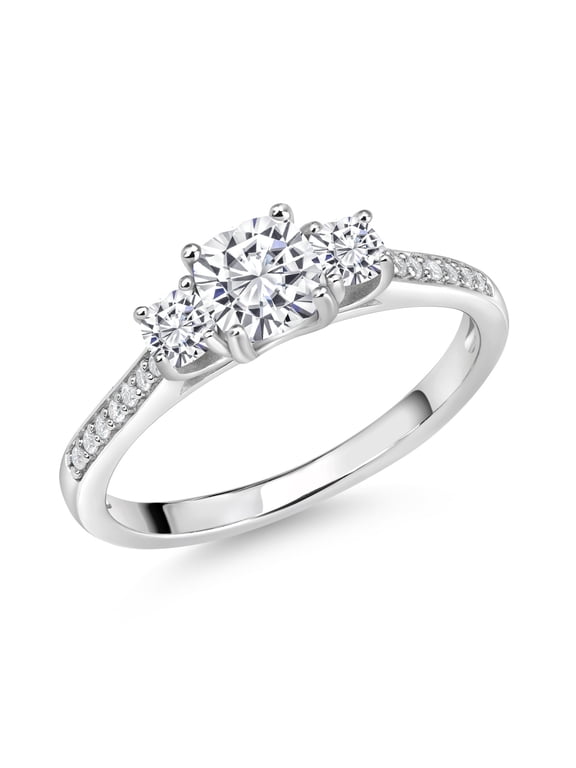 925 Sterling Silver Cushion White Moissanite 3 Stone Engagement Ring for Women (0.96 Cttw, Gemstone Birthstone, Available in Size 5, 6, 7, 8, 9)