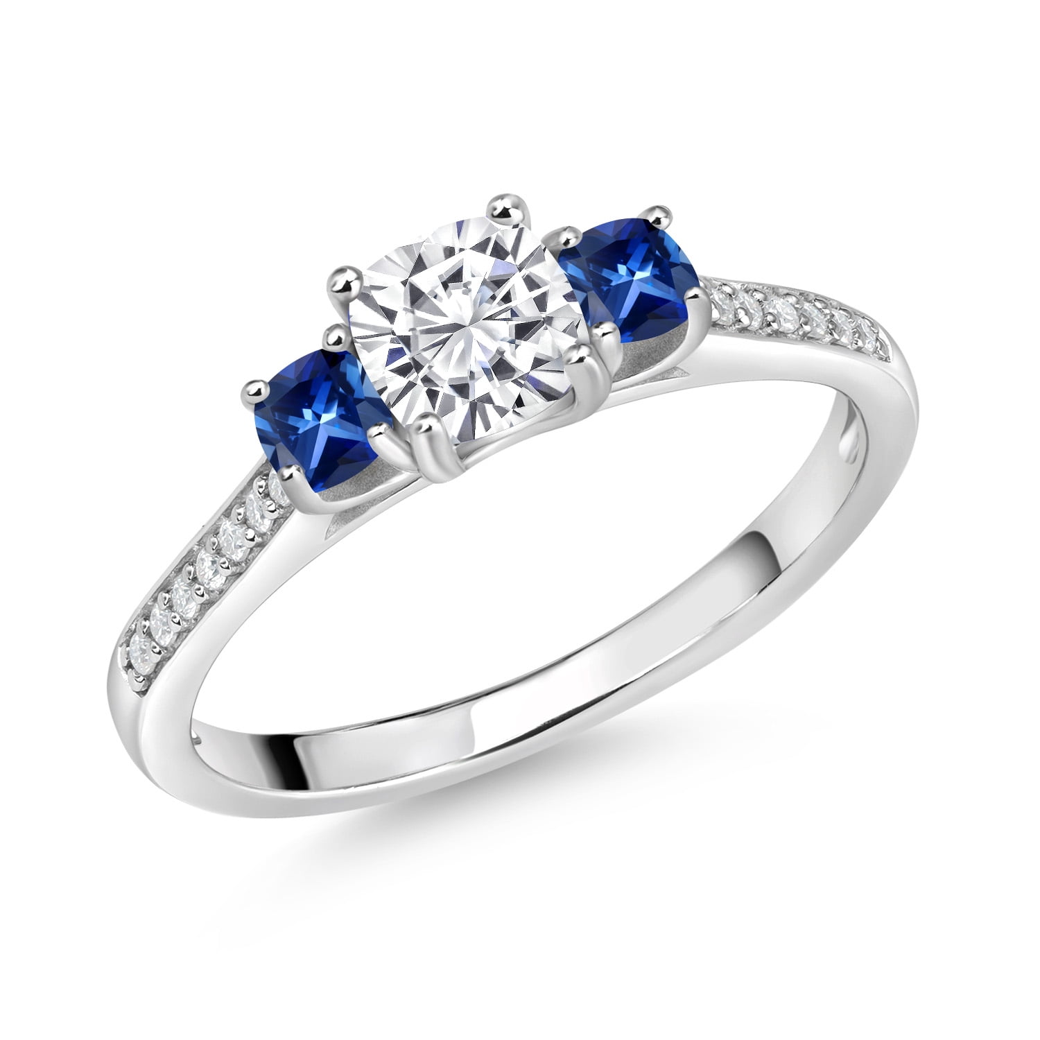 Gem Stone King White Moissanite and Blue Created Sapphire 3-Stone Engagement Ring for Women | 925 Silver | 0.96 Cttw | 3MM and 5MM Cushion | Three Stone Wedding Anniversary Ring for Women | Size 7