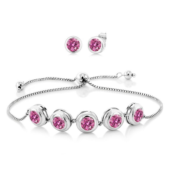 Gem Stone King 925 Sterling Silver Dangle Bracelet for Women Pink Round Moissanite (5.60 Cttw)