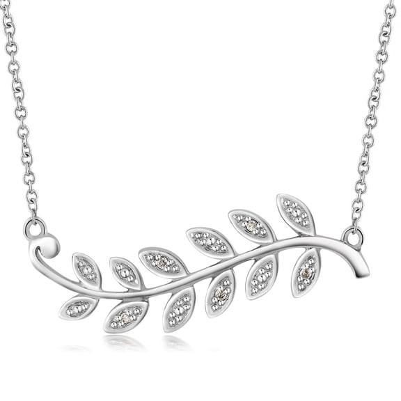 Gem Stone King 925 Sterling Silver Diamond Olive Branch Leaf Pendant Necklace for Women with 16 inches Cable Chain and 1 inch Extender