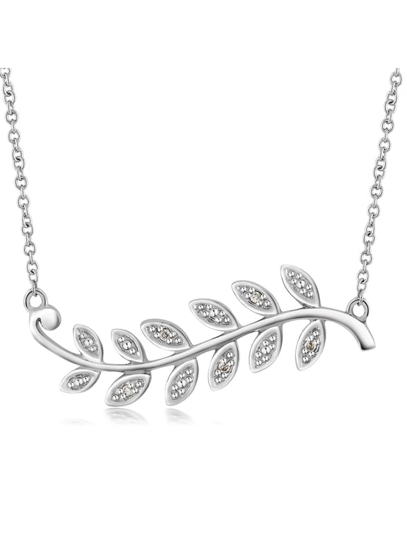 925 Sterling Silver Diamond Olive Branch Leaf Pendant Necklace for Women with 16 inches Cable Chain and 1 inch Extender