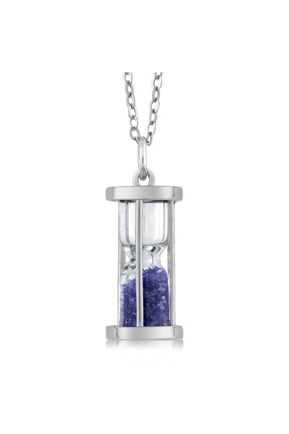 925 Sterling Silver Diffused Blue Sapphire Dust Hourglass Pendant Necklace 0.75 Cttw Gemstone Birthstone with 18 inch Silver Chain