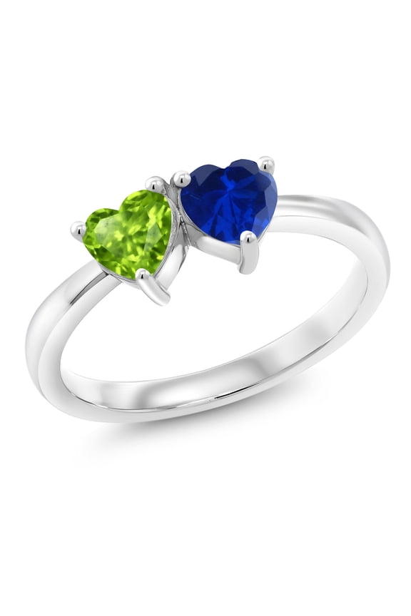 1.11 Cttw Double Heart Shape Green Peridot Blue Created Sapphire Ring for Women | 925 Sterling Silver | Gemstone Birthstone | Wedding Engagement Anniversary Promise Ring | Size 8