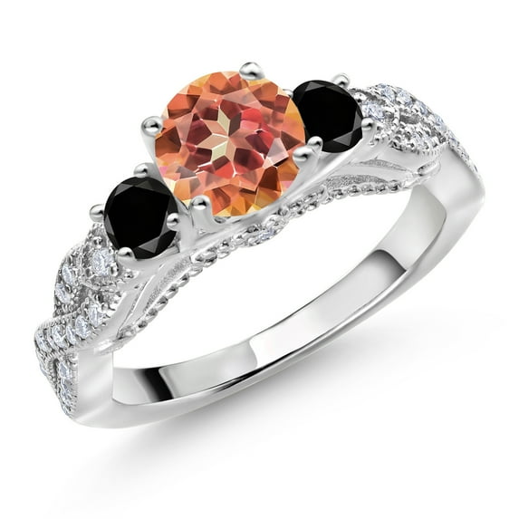 Gem Stone King 925 Sterling Silver Ecstasy Mystic Topaz Black Diamond and White Moissanite Engagement Ring for Women (1.47 Cttw, Gemstone, Round 6MM and 3MM, Size 5)