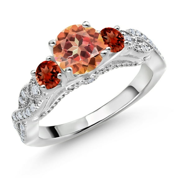 Gem Stone King 925 Sterling Silver Ecstasy Mystic Topaz Red Garnet and White Moissanite Engagement Ring for Women (1.57 Cttw, Gemstone, Round 6MM and 3MM, Size 5)