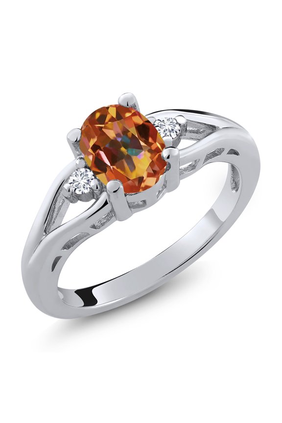 925 Sterling Silver Ecstasy Mystic Topaz and White Lab Grown Diamond 3 Stone Engagement Ring for Women | 1.58 Cttw | Oval 8X6MM | Round 2MM | Gemstone November Birthstone | Size 6