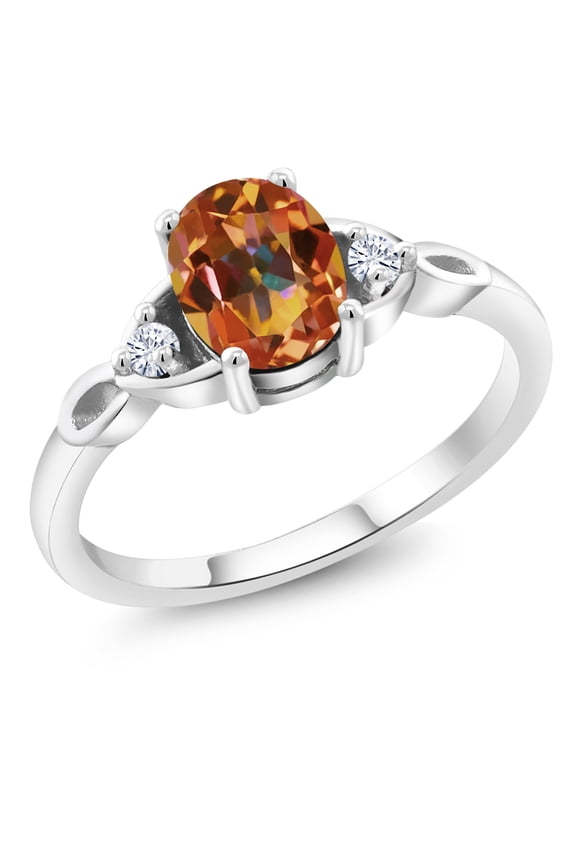 925 Sterling Silver Ecstasy Mystic Topaz and White Moissanite 3-Stone Rings for Women (1.58 Cttw, Gemstone, Oval 8X6MM, Available in Size 5, 6, 7, 8, 9)