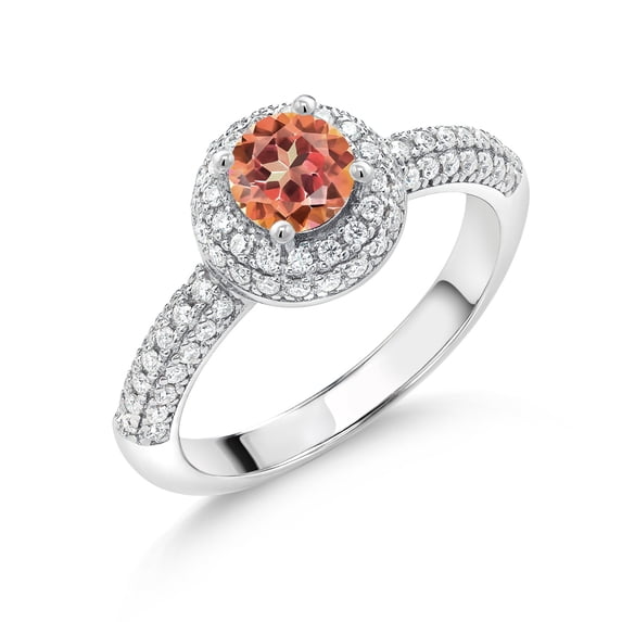 Gem Stone King 925 Sterling Silver Ecstasy Mystic Topaz and White Moissanite Engagement Ring for Women (1.56 Cttw, Round 5MM, Available in Size 5, 6, 7, 8, 9)