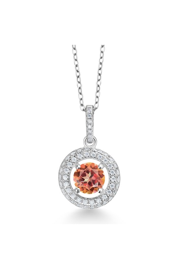 925 Sterling Silver Ecstasy Mystic Topaz and White Moissanite Pendant Necklace for Women (1.25 Cttw, November Birthstone, Round 6MM, 18" Silver Chain)