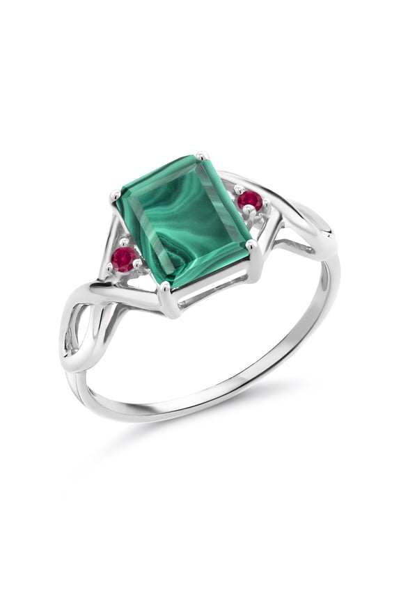 925 Sterling Silver Emerald Cut Green Malachite and Red Created Ruby Women Ring (3.60 Cttw, Gemstone Birthstone, Size 8)