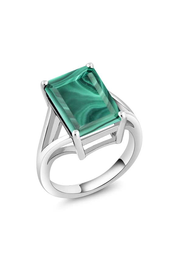 925 Sterling Silver Emerald Cut Green Malachite Women Ring (10.00 Cttw, Gemstone Birthstone, Available in Size 5, 6, 7, 8, 9)