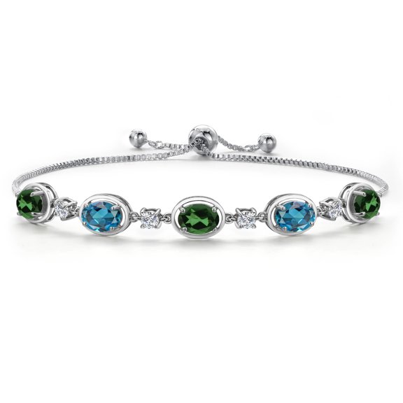 Gem Stone King 925 Sterling Silver Emerald Envy Mystic Topaz and London Blue Topaz Bracelet for Women | 4.40 Cttw | Gemstone November Birthstone | Oval 7X5MM | Fully Adjustable 9 inch