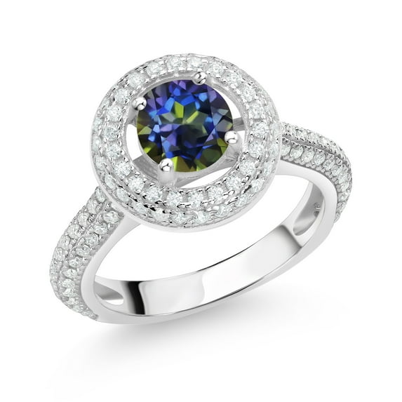 Gem Stone King 925 Sterling Silver Engagement Ring for Women Set with Mystic Topaz and Moissanite (1.61 Cttw)