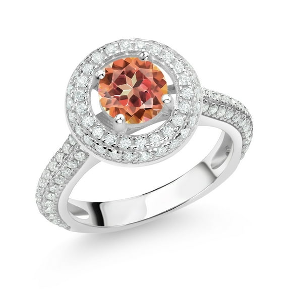 Gem Stone King 925 Sterling Silver Engagement Ring for Women Set with Mystic Topaz and Moissanite (1.61 Cttw)