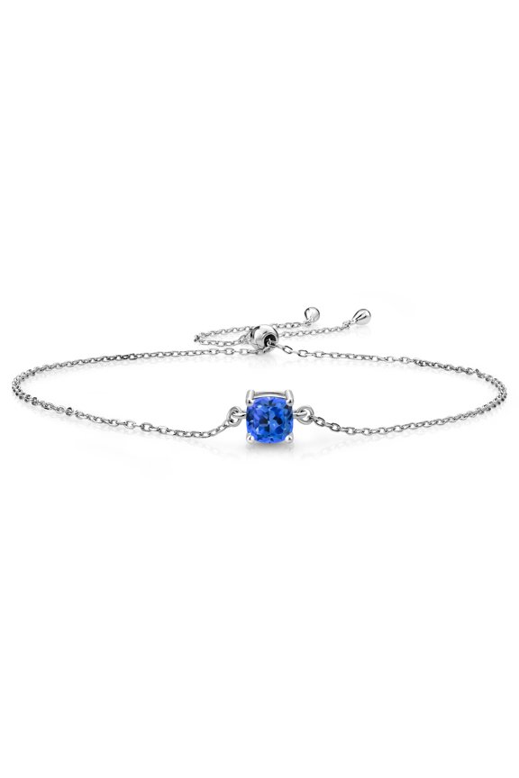 925 Sterling Silver Fancy Blue Zirconia Solitaire Bracelet for Women (1.24 Cttw, Cushion Cut 6MM)
