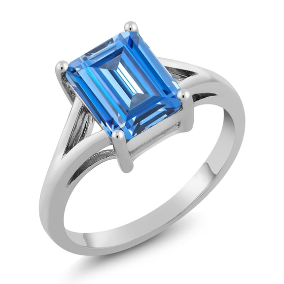 Gem Stone King 925 Sterling Silver Fancy Blue Zirconia Solitaire Engagement Ring for Women (2.62 Cttw, Emerald Cut 9X7MM, Gemstone Birthstone, Size 6)