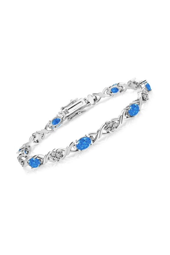 925 Sterling Silver Fancy Blue Zirconia Tennis Bracelet for Women (3.44 Cttw, Gemstone Birthstone, Oval 6X4MM, 7 inch)