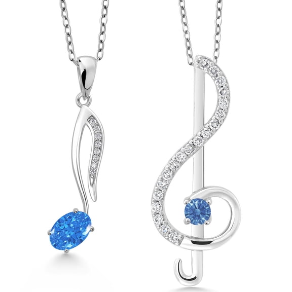 Gem Stone King 925 Sterling Silver Fancy Blue Zirconia Treble Clef and Eighth Note 2 Pcs Music Pendant Necklace Jewelry Set for Women By Keren Hanan (0.89 Cttw, Gemstone, Oval 6X4MM, Round 3MM)
