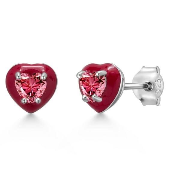 Gem Stone King 925 Sterling Silver Fancy Pink Zirconia Red Enamel Stud Earrings for Women Men (0.48 Cttw, Gemstone Birthstone, Heart Shape 4MM)