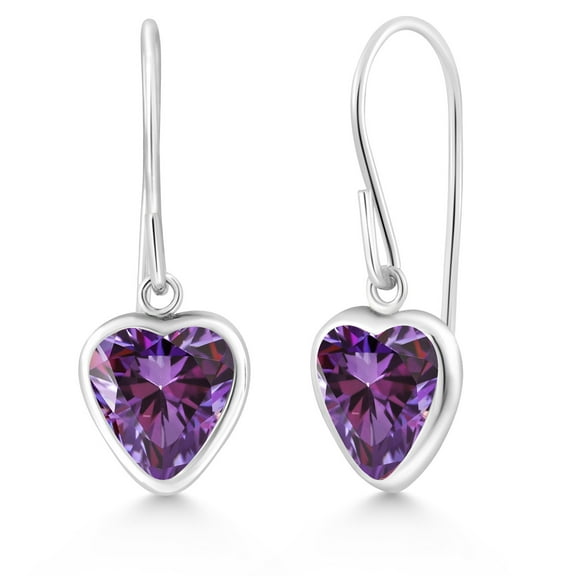 Gem Stone King 925 Sterling Silver Fancy Purple Zirconia French Wire Dangle Hook Earrings for Women (1.48 Cttw, Gemstone Birthstone, Heart Shape 6MM)