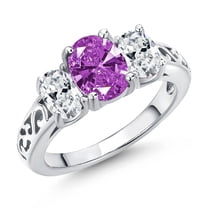 Gem Stone King 925 Sterling Silver Fancy Purple Zirconia and White Zirconia Filigree Style 3 Stone Ring for Women (2.07 Cttw, Oval 8X6MM and 6X4MM) (Size 8)