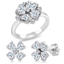 Gem Stone King 925 Sterling Silver Fashion Clover Ring and Earrings Jewelry Set with Moissanite (3.57 Cttw) (Size 5)