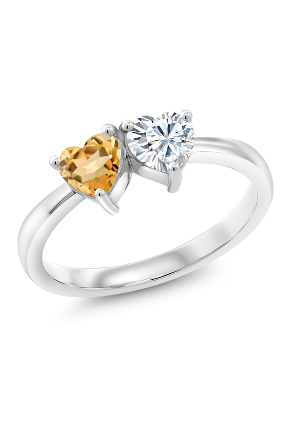 925 Sterling Silver Fashion Right-Hand Ring Heart Shape Yellow Citrine and Moissanite (0.88 Cttw, Size 5)
