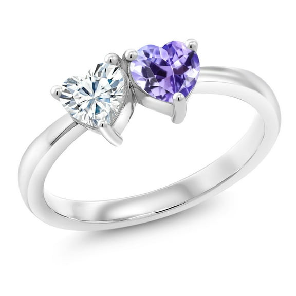 Gem Stone King 925 Sterling Silver Fashion Right-Hand Ring Set with Heart Shape Moissanite and Tanzanite (1.00 Cttw, Size 5)
