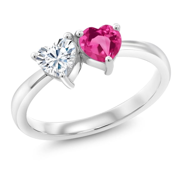 Gem Stone King 925 Sterling Silver Fashion Right-Hand Ring Set with Heart Shape Moissanite and Created Sapphire (1.10 Cttw, Size 5)