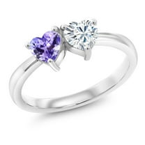 Gem Stone King 925 Sterling Silver Fashion Right-Hand Ring Heart Shape Blue Tanzanite and Moissanite (0.92 Cttw, Size 9)