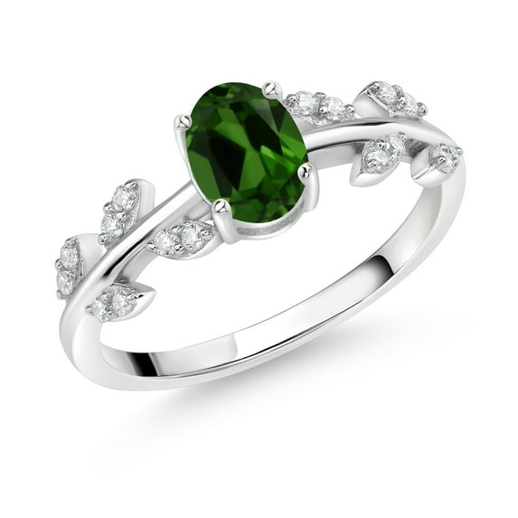 Gem Stone King 925 Sterling Silver Flower Stem Leaves Ring Chrome Diopside Moissanite (0.83 Cttw)