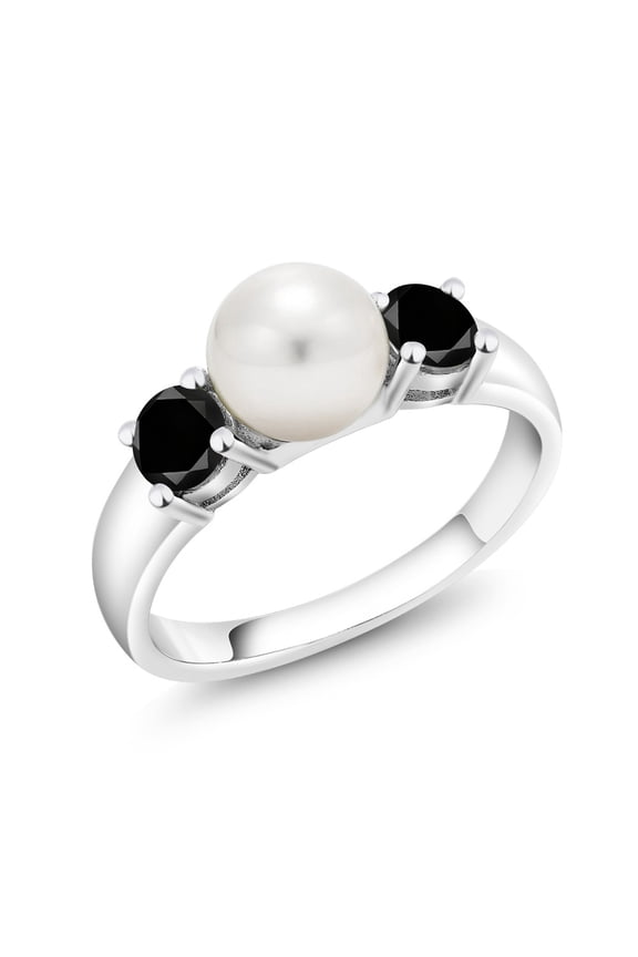 925 Sterling Silver Freshwater Pearl and Black Diamond Ring for Women (0.74 Cttw, Gemstone April Birthstone, Size 6)